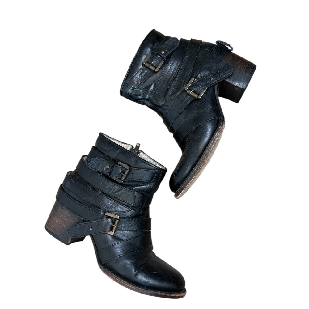 Freebird By Steven Estes Black Leather Buckle Moto Ankle Boots Women Size 9